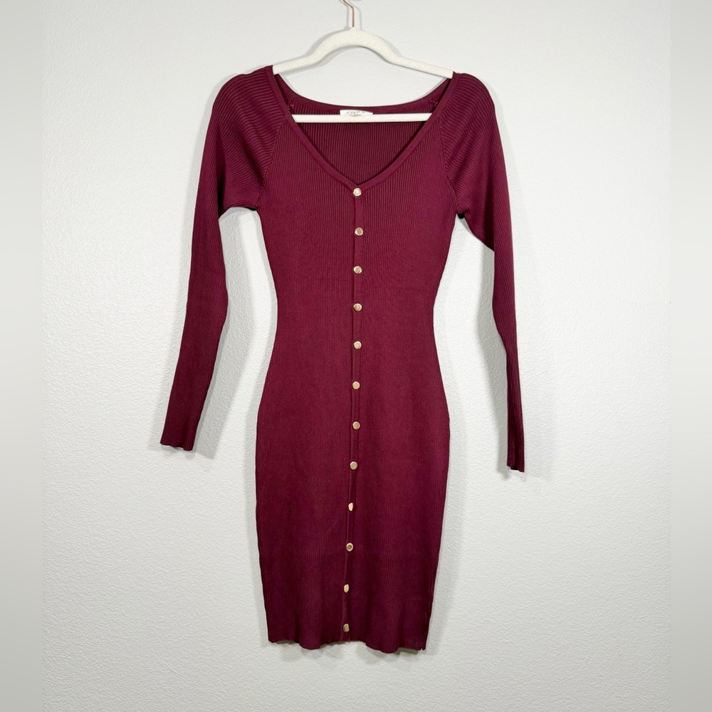 Ever B Dress Long Sleeve Burgundy Ribbed Button Christmas Holiday Women Small
